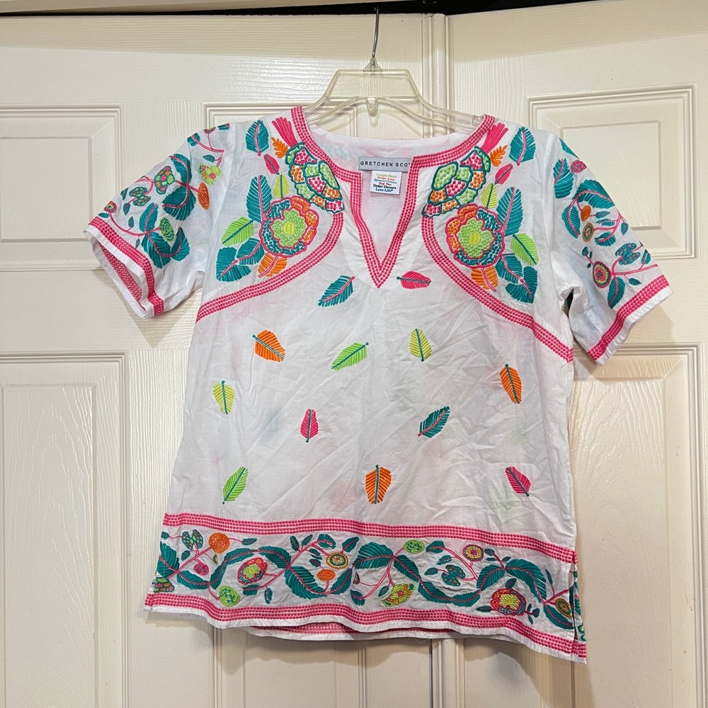 Gretchen Scott Embroidered White Colorful Cotton Tunic Top Blouse Beach Boho M